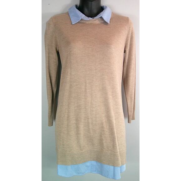 English Factory Shirt Dress Women's Small Collared Tan Blue - Picture 2 of 8